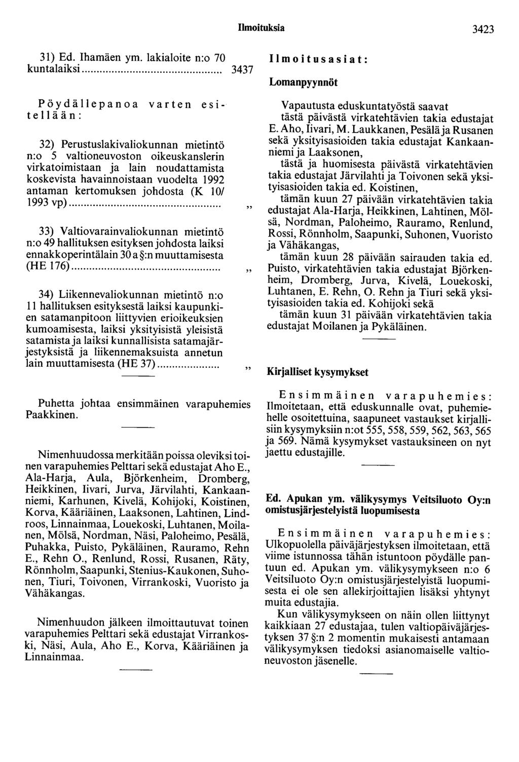 Ilmoituksia 3423 31) Ed. Ihamäen ym. lakialoite n:o 70 11m o i t usasiat: kuntalaiksi.