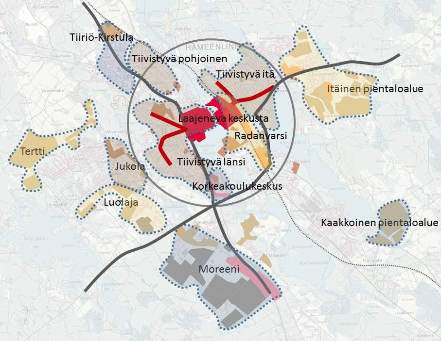 5 Kuva 2. Keskeiset muutosalueet yleiskaavaluonnoksen mukaan. kentamisen vaikutuksissa.