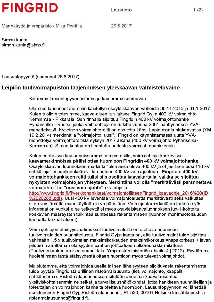 FCG SUUNNITTELU JA TEKNIIKKA OY LEIPIÖN TUULIVOIMAPUISTON