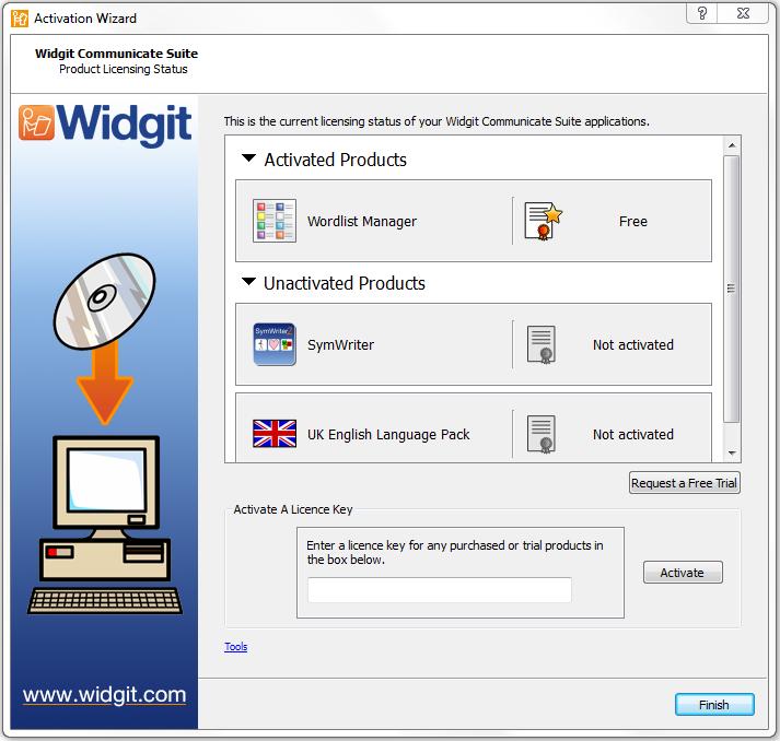 Aktivointiohjeet Vaihe 1: Avaa Widgit Product Activator Kun avaat Widgit Product Activator, voit: 1. Nähdä käytössäsi olevien Widgit Communicate Suite -tuotteiden lisenssien ajankohtaisen tilanteen.