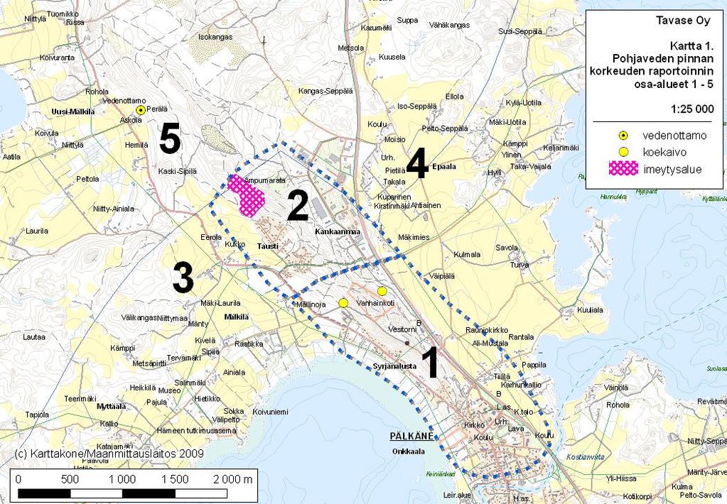 4 Kuva 3. Pohjaveden pinnan raportoinnin osa-alueet 1-5. 5.1 Osa-alue 1 Osa-alueella 1 pohjaveden pinta oli huhtikuun 2010 lopussa n. 0 26 cm korkeammalla kuin maaliskuun lopulla.