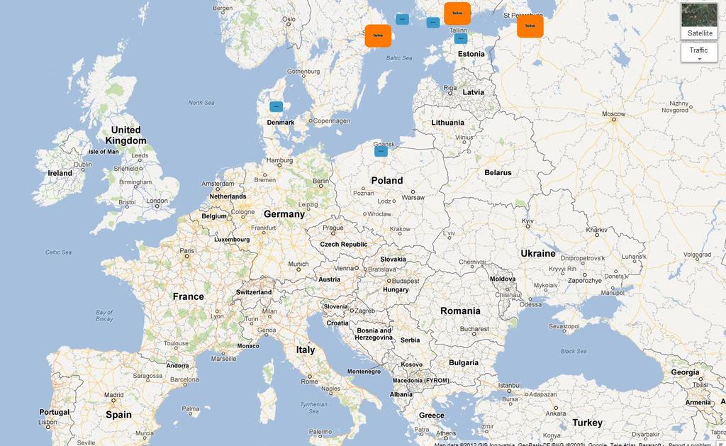 6 Kuva 2. Sovelluksen karttanäkymä Kuvassa 2 näkyy vaihtoehtoinen karttanäkymä. Sovelluksessa käytetään kartan piirtämiseen Google Maps API -rajapintaa.