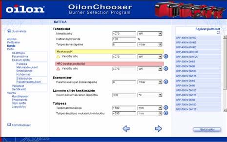 OilonChooser Käyttöohjeet 1. Valikkonäkymä ja -rakenne OilonChooserin valikkorakenteessa tiedonsyöttökentät sijaitsevat sivun keskellä.