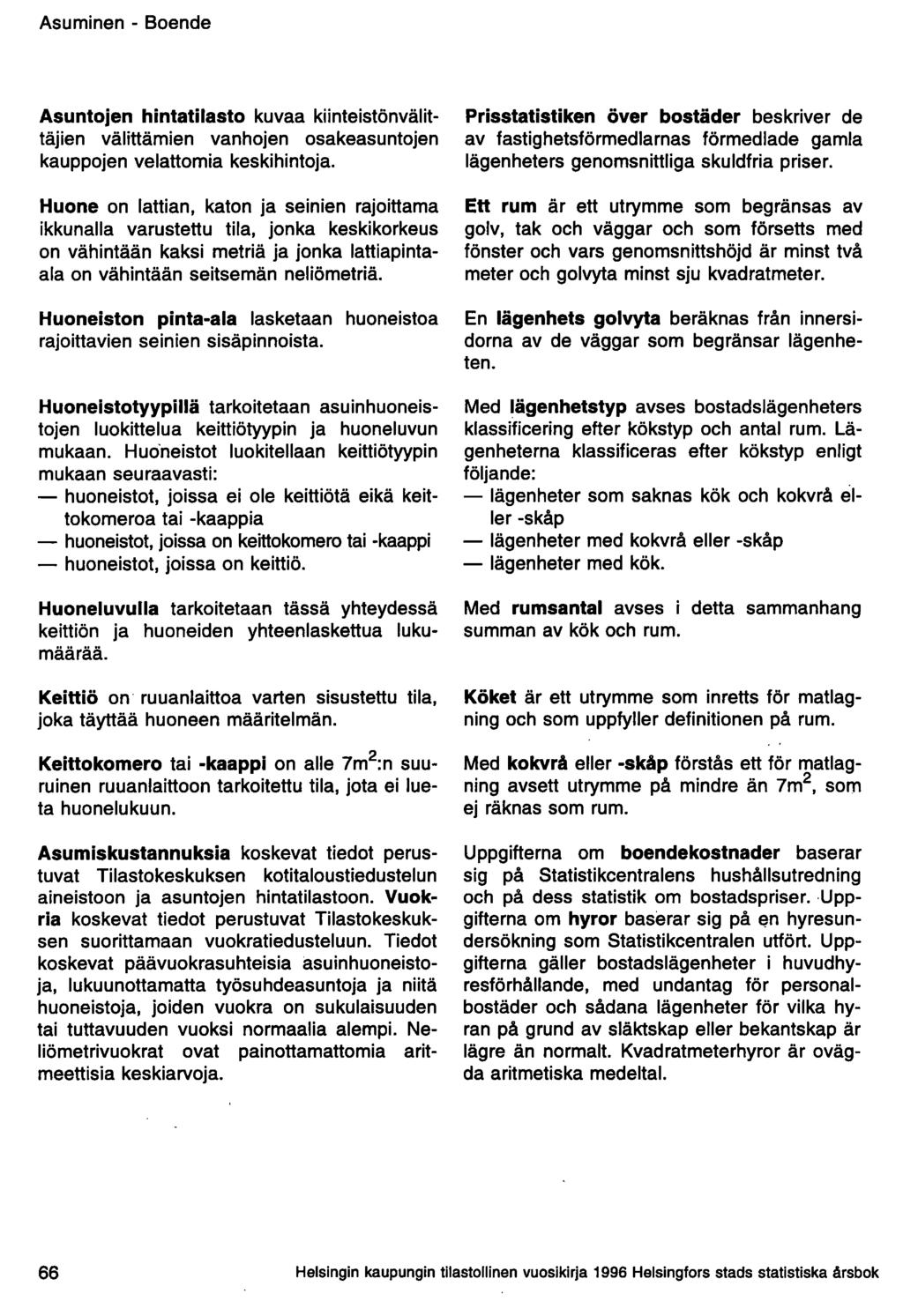 Asuminen - Boende Asuntojen hintatilasto kuvaa kiinteistönvälittäjien välittämien vanhojen osakeasuntojen kauppojen velattomia keskihintoja.