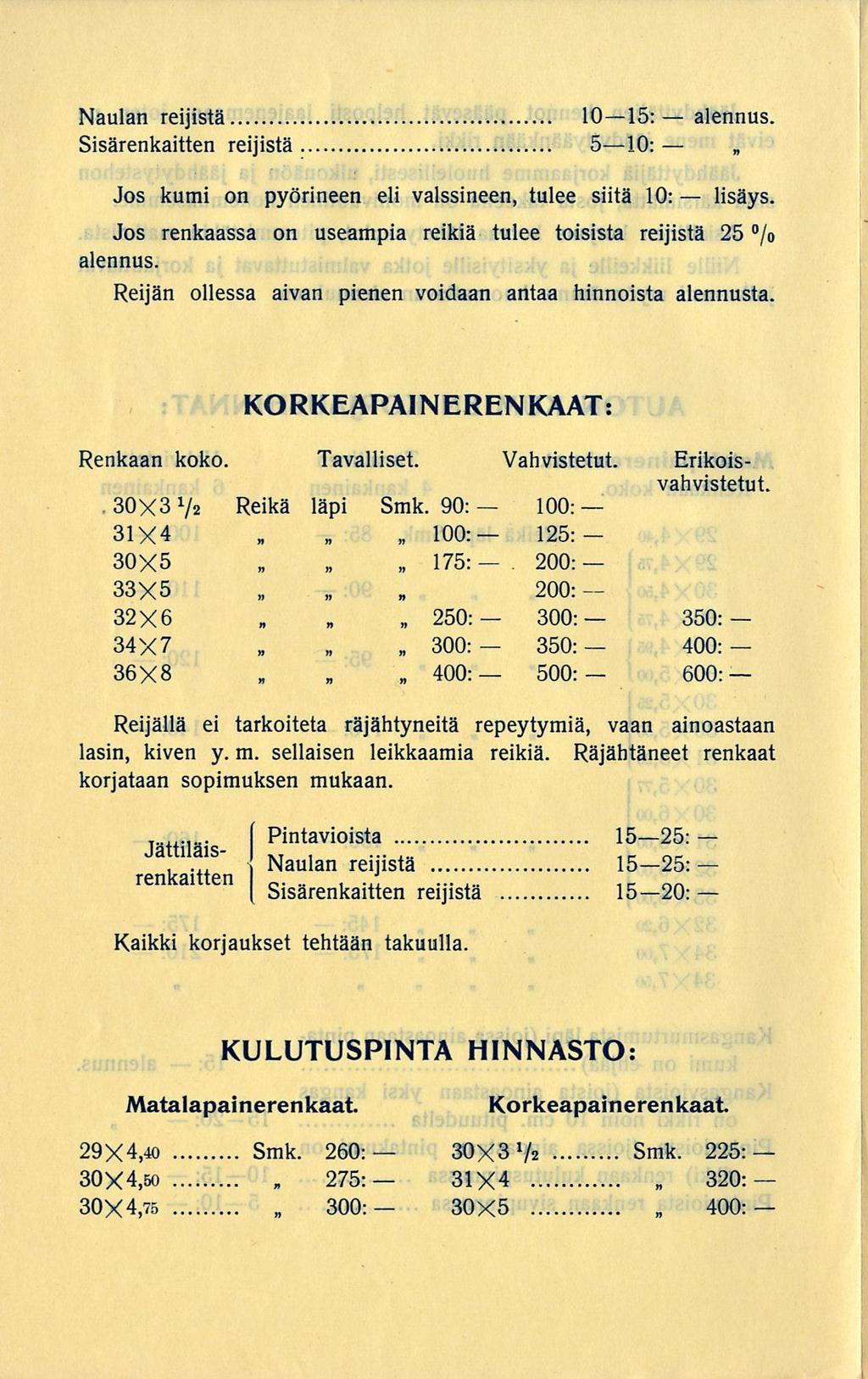 175: 250:... 30X3 31X4 30X5 100:. 320: 400: Naula reijistä 1015: aleus. Sisärekaitte reijistä 510: Jos kumi o pyöriee eli valssiee, tulee siitä 10: lisäys.