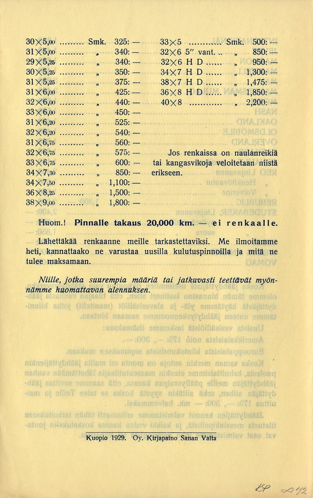 Smk. 33X5 32X6 32X6 34X7 38X7 36X8 40X8 Jos tai ei 30X5,00, 325: 31X5,00, 340: 29X5,25 340: 30X5,25 350: 31X5,25 375: 31X6,00 425: 32X6,00 440: 33X6,00 450: 31X6,20 525: 32X6,20 540: 31X6,75 560: