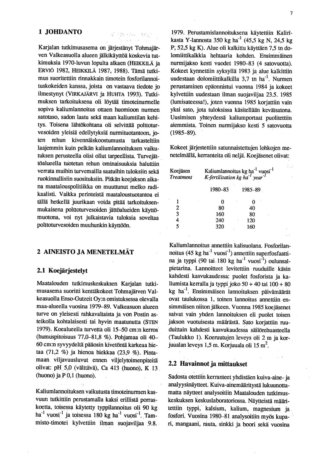 7 1 JOHDANTO Karjalan tutkimusasema on järjestänyt Tohmajärven Valkeasuolla alueen jälkikäyttöä koskevia tutkimuksia 1970-luvun lopulta alkaen (HEIKKILÄ ja ERVIö 1982, HEIKKILÄ 1987, 1988).