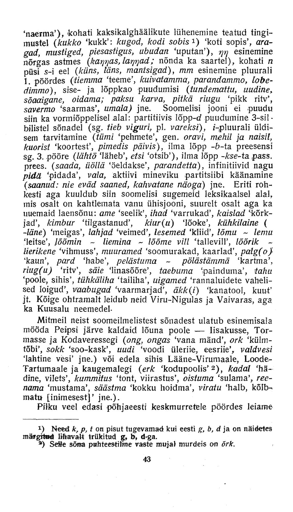 'naerma'), kohati kaksikalghäälikute lühenemine teatud tingimustel (kukko 'kukk': kugod, kodi sobis i) 'koti sopis', wagad, mustiged, piesastigus, ubadan 'uputan'),?;?