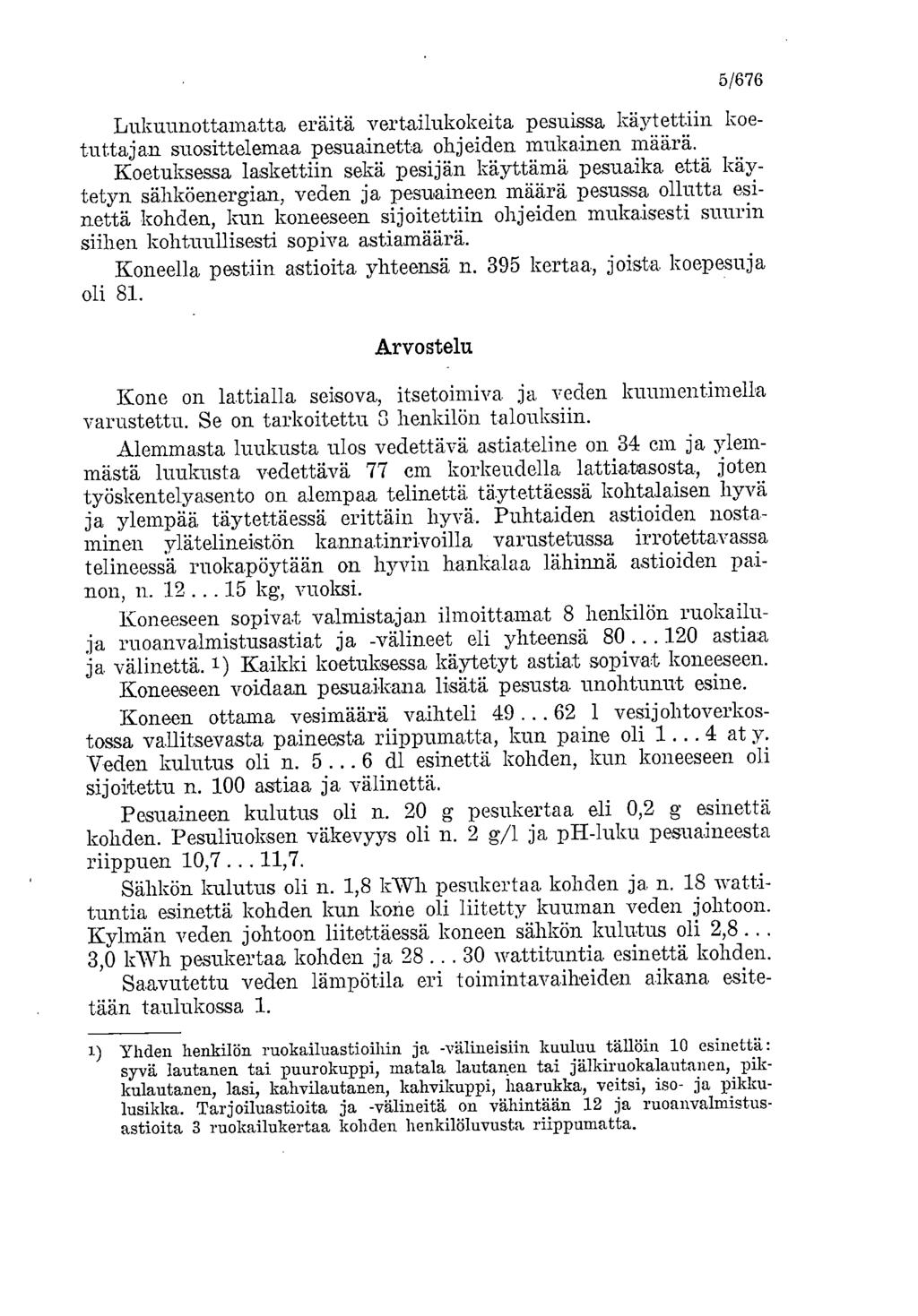 5/676 Lukuunottamatta eräitä vertailukokeita pesuissa käytettiin koetuttajan suosittelemaa pesuainetta ohjeiden mukainen määrä.