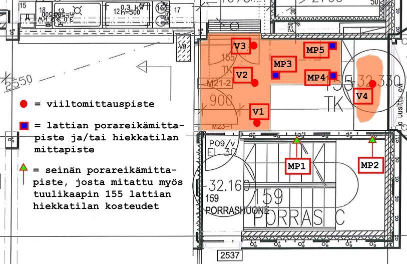 Tutkimusraportti 12 (18) 3.2.2 Rakennekosteusmittaukset Tuulikaapin 155 lattiarakenteen ja porrashuoneen 159 seinän rakennekosteusmittapisteiden sijainnit on esitetty kuvassa 15.