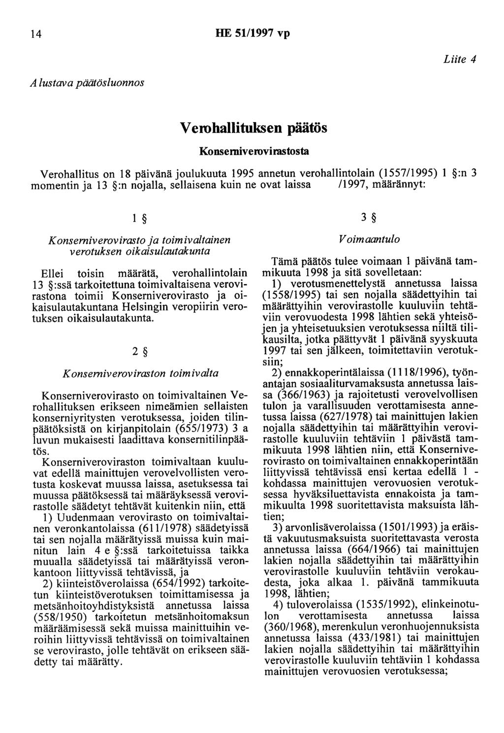 14 HE 5111997 vp Alustava päätösluonnos Liite 4 V erohallituksen päätös Konserniverovirastosta Verohallitus on 18 päivänä joulukuuta 1995 annetun verohallintolain (1557/1995) 1 :n 3 momentin ja 13 :n