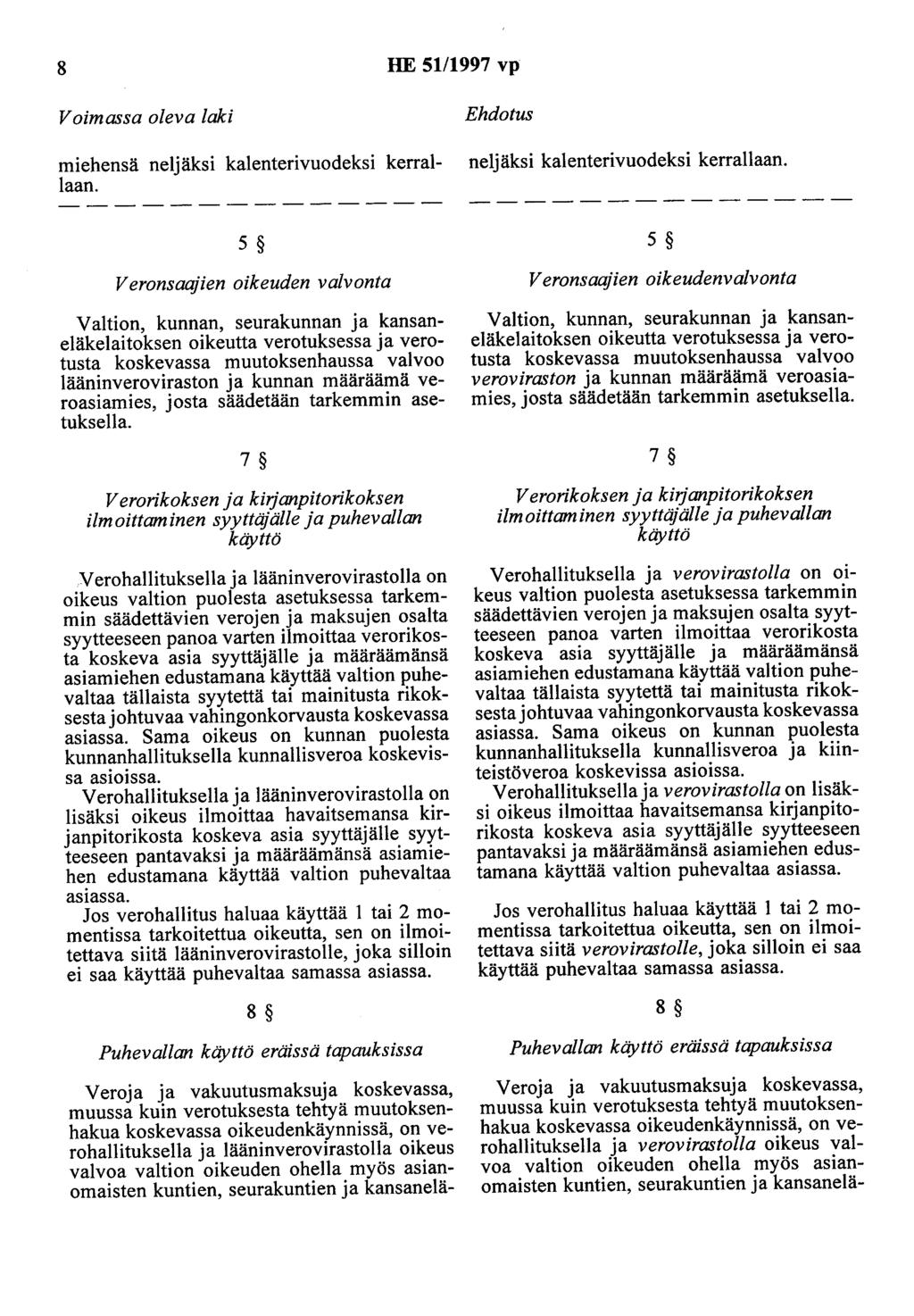 8 HE 5111997 vp Voimassa oleva laki miehensä neljäksi kalenterivuodeksi kerrallaan. Ehdotus neljäksi kalenterivuodeksi kerrallaan.