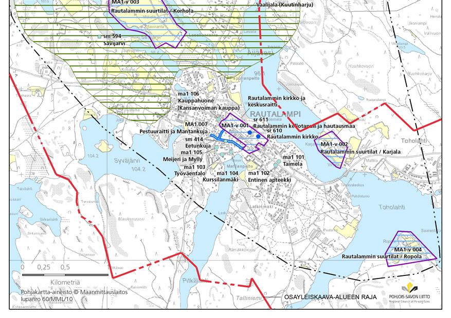 Pohjois-Savon maakuntakaavan 2030 liite Rautalammin keskustan kulttuuriympäristö. Yleiskaavoitettavan alueen rajaus on lisätty (punainen katkoviiva).