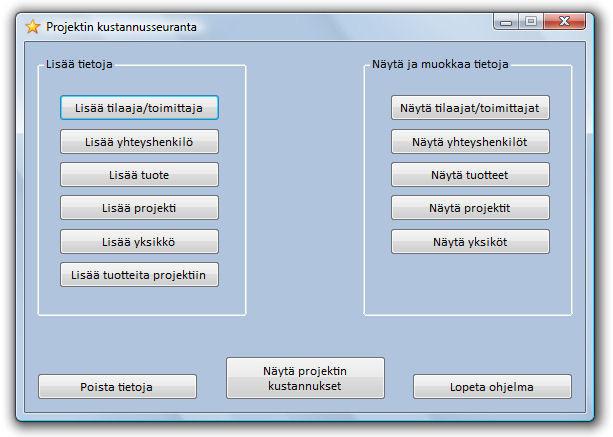 41 6.2 Aloitus-/etusivu Kuva 19. Ohjelman aloitussivu Ohjelman aloitussivulla on kuusi painiketta tietojen lisäämiseen sekä viisi painiketta tietojen tarkastelua ja muokkaamista varten.