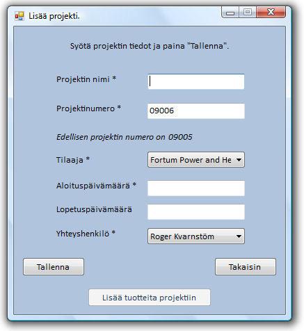 45 6.3.4 Projektien lisääminen Kuva 26. Projektin lisääminen Kuva 27. Projektin lisäys onnistui Lisää projekti -lomakkeella lisätään tilauksen eli projektin tiedot.