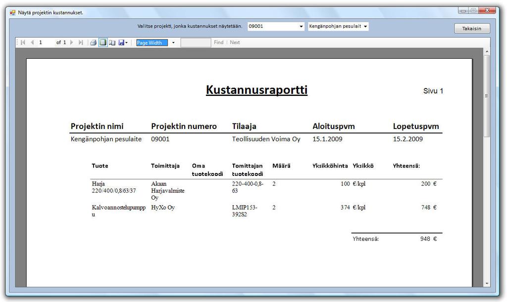 58 Kuva 47. Kustannusraportti, kun raportin kooksi on määritelty sivun leveys. Kustannusraportin yläreunassa on otsikko Kustannusraportti ja sivunumero.