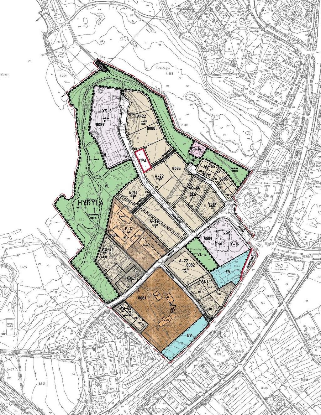 Vaihtoehto C kaksi yleisten rakennusten korttelialuetta (YS- 6, Y-16),tehokkuusluku e=0,80 ja rakennusluku 500 k-m², kerrosluvut II ja III, kaksi palvelurakennusten korttelialuetta (P-4),