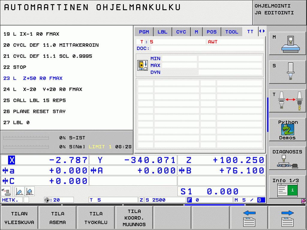 Mittaustuloksen näyttö Lisätilanäytössä voit ottaa näytölle työkalun mittaustulokset (koneen käyttötavoilla). Tällöin TNC näyttää vasemmalla ohjelmaa ja oikealla mittaustulosta.