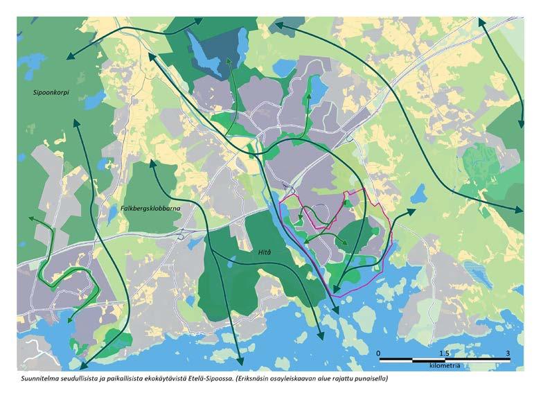 Kuva 36. Suunnitelma seudullisista ja paikallisista ekokäytävistä Etelä-Sipoossa. Bild 36. En plan gällande de regionala och lokala ekokorridorerna i Södra Sibbo. sä 344 hehtaaria.