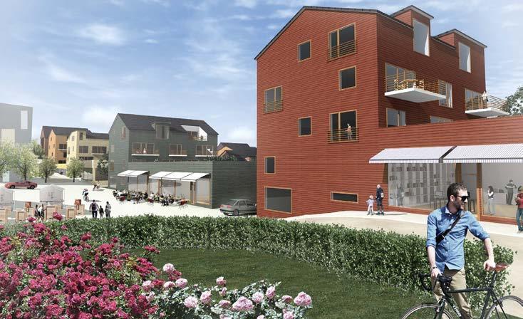 Kuva 26. Kerrostalovaltainen asuinalue e=1.2-2.0 Bild 26. Bostadsområde dominerat av flervåningshus e=1.2-2.0 Kuva 27. Kortteleissa asuminen, liiketilat ja muut toiminnot integroidaan keskenään.
