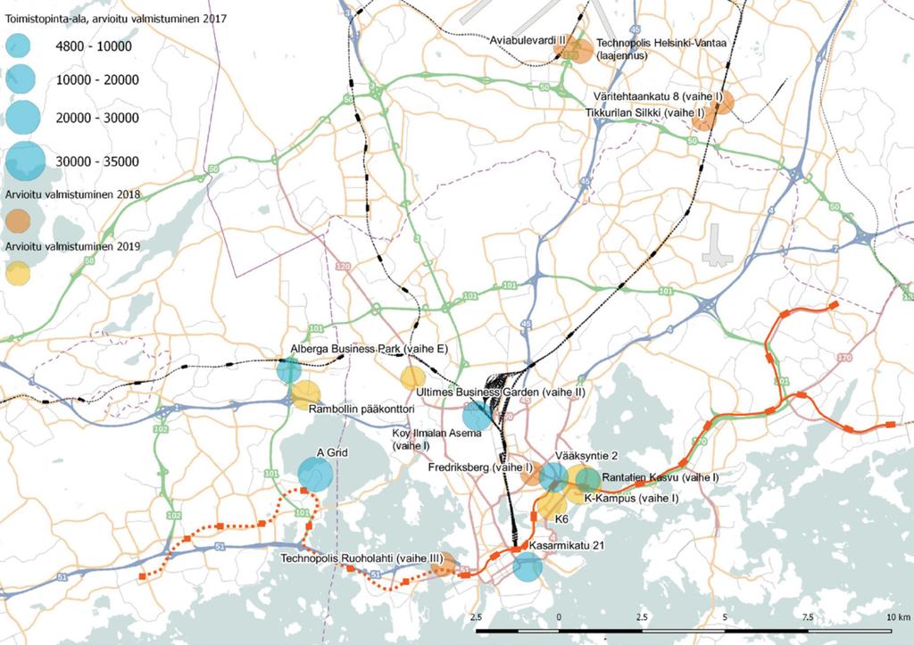 Rakenteilla olevat toimistojen uudishankkeet pääkaupunkiseudulla Additions to the map by KTI. Helsinki City Survey Division open data, licenced under CC BY 4.