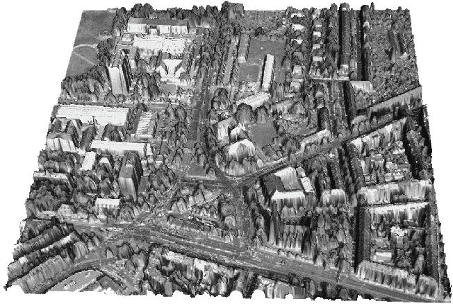 Osa 3-D kaupunkimallia Karlsruhesta, Saksasta (Uwe Lohr, 1999). Vaikka laseraineiston pistetiheys on suuri, taiteviivat toistuvat siinä huonommin kuin valokuvalla.