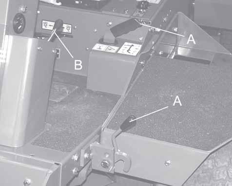 6 CONTROLS SAFETY AND OPERATORS MANUAL 6.6 TRANSPORT LATCHES When transporting the machine ensure the cutting units are raised and the transport latches (A) are engaged. 6.7 PARKING BRAKES The parking brake (B) is engaged when the lever is moved toward the operator.