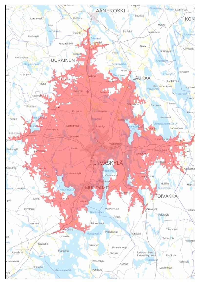 Väestö keskittyy Jyväskylän seudulle lähelle palveluja 30 min saavutettavuus (JKL); K-S:n väestöä 52% (v. 2000) K-S:n väestöä 59% (v.