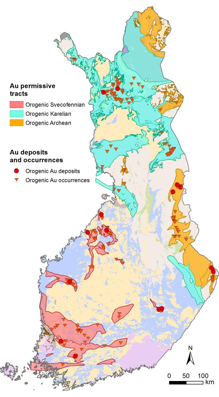 Orogenic gold -Permissive tracts and number of undiscovered deposits Permissive tracts 32 tracts, 110,000 km 2 (35% of area) Archaean tracts: 8 Area: 28,800 km 2 Known deposits: 5 Expected