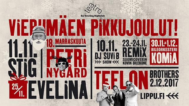 Vietä pikkujouluja herkullisen pikkujoulubuffetin äärellä Resort & Kitchen -ravintolassa tai A-luokan tyyliin uudessa Pop Up - ravintola Valkjärvessä. Illan kruunaa Teatron huippuartistit.