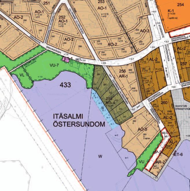 Ote alueen ajantasa-asemakaavasta. Kaavamuutosalueen rajaus on esitetty kartalla mustalla. Utdrag ur detaljplanesammanställning. Planändringsområdet preliminära avgränsning anges på kartan med svart.