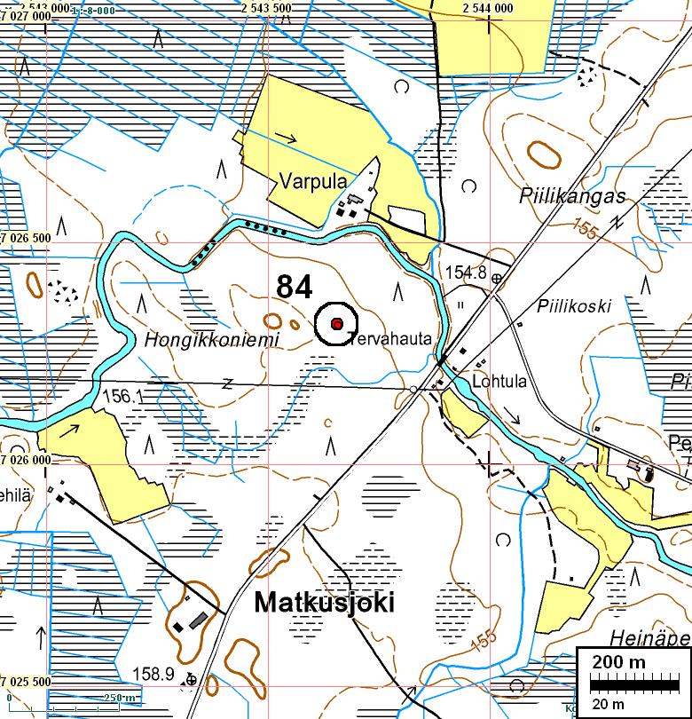 18 Tutkijat: Sijainti: Huomiot: Jussila T 2008 inventointi Paikka sijaitsee Kinnulan kirkosta 6,1 km lounaaseen, Matkusjoen etelälänsipuolella, joesta 190 m ja maantiestä 233 m luoteeseen.