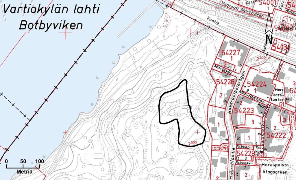 28 Kortti 6) Rauhoitettava alue: Meri-Rastilan muinaisrantakivikko Pinta-ala: 1,44 ha Kylä Tila ja Rn:o Omistaja Vuosaari 435 Rastböle 3:300 Helsingin kaupunki Kaavat ja suunnitelmat: - Yleiskaava