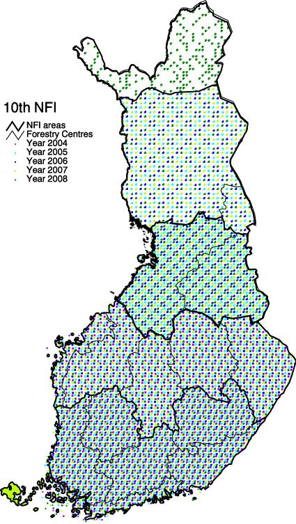 Valtakunnan metsien inventointi VMI -perustana tilastollinen otanta - Inventointikierto 5 vuotta - 1/5 otoskoealoista mitataan vuosittain > ajantasaiset tulokset -