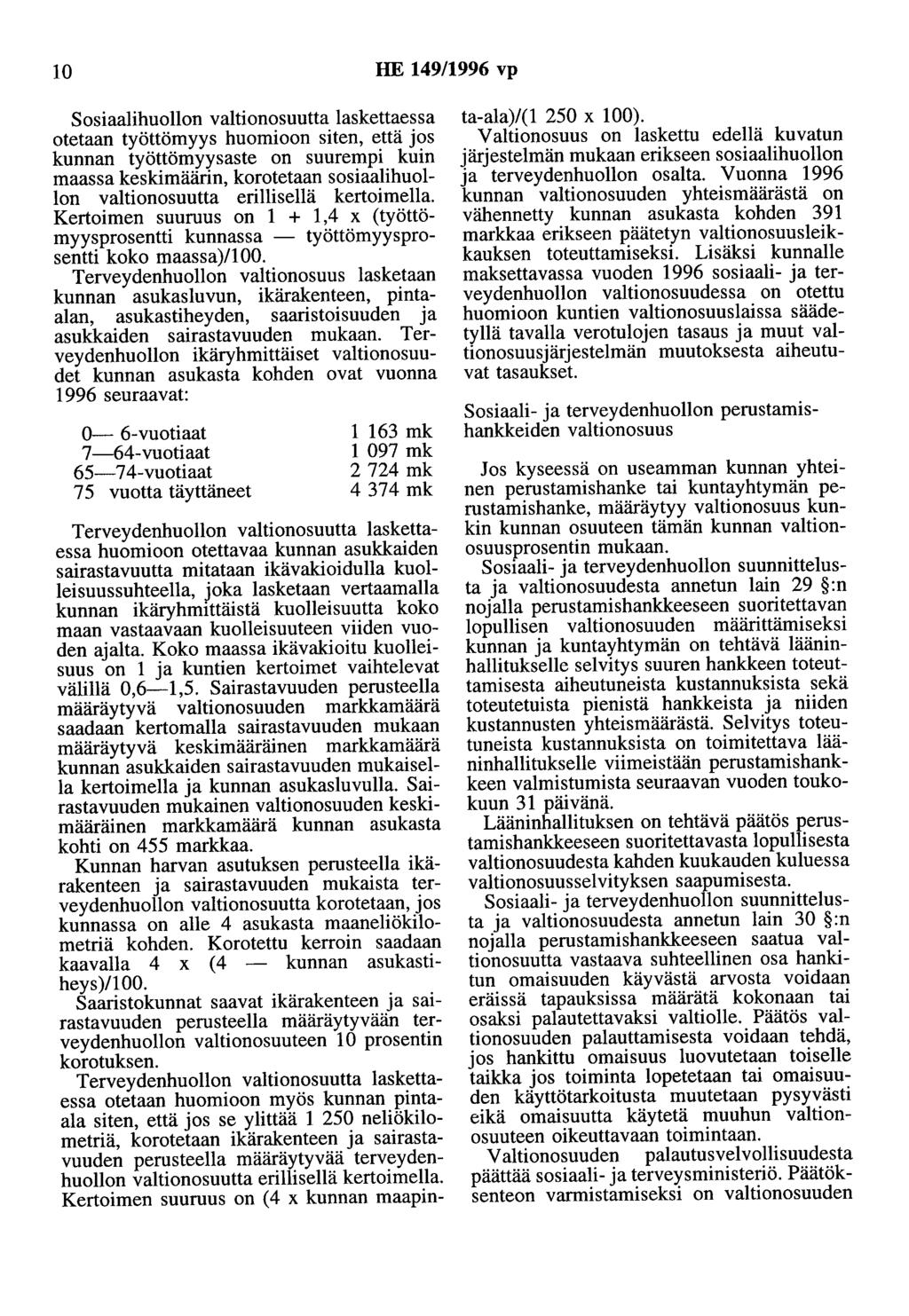 10 HE 149/1996 vp Sosiaalihuollon valtionosuutta laskettaessa otetaan työttömyys huomioon siten, että jos kunnan työttömyysaste on suurempi kuin maassa keskimäärin, korotetaan sosiaalihuollon