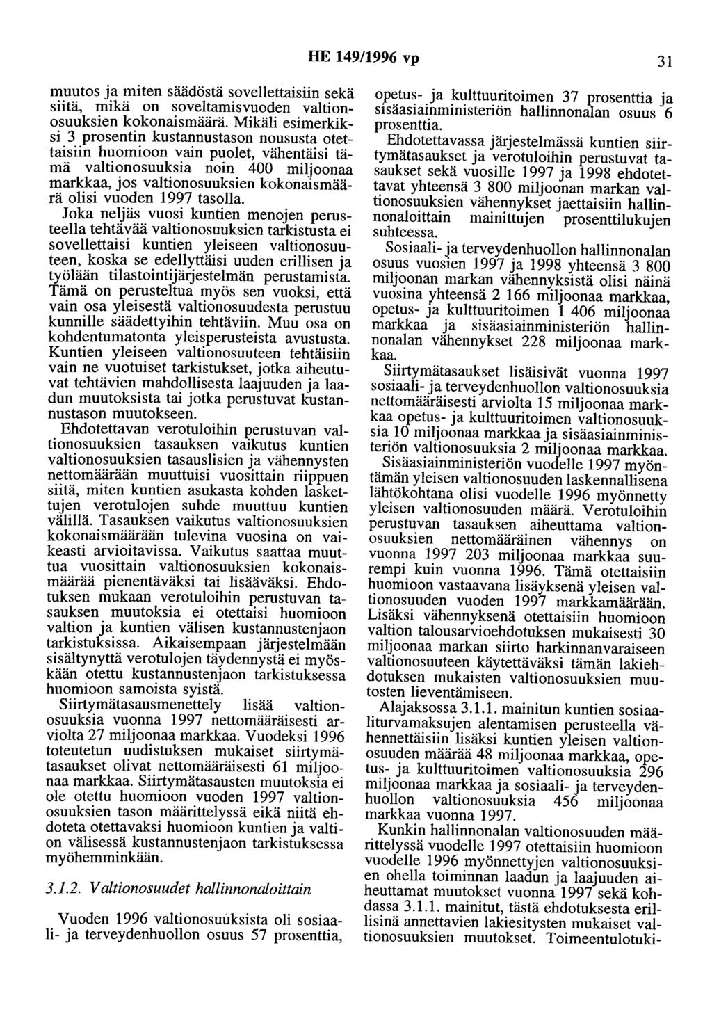 HE 149/1996 vp 31 muutos ja miten säädöstä sovellettaisiin sekä siitä, mikä on soveltamisvuoden valtionosuuksien kokonaismäärä.