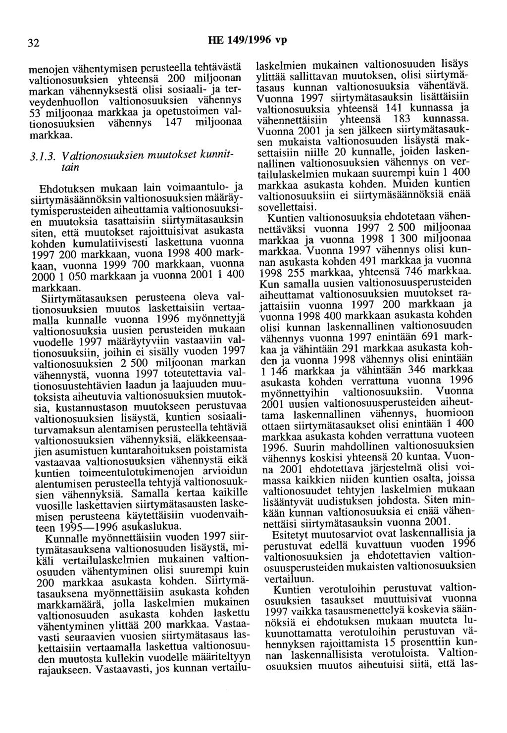 32 HE 149/1996 vp menojen vähentymisen perusteella tehtävästä valtionosuuksien yhteensä 200 miljoonan markan vähennyksestä olisi sosiaali- ja terveydenhuollon valtionosuuksien vähennys 53 miljoonaa