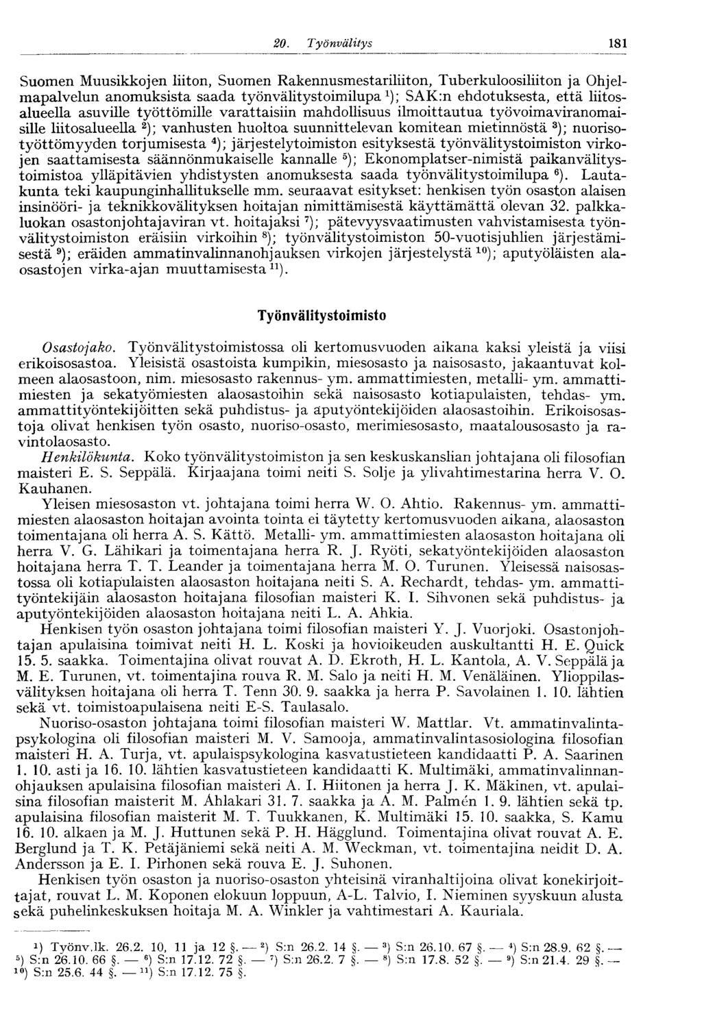 20. Työnvälitys 1,181 Suömen Muusikkojen liiton, Suomen Rakennusmestariliiton, Tuberkuloosiliiton ja Ohjelmapalvelun anomuksista saada työnvälitystoimilupa 1 ); SAK:n ehdotuksesta, että