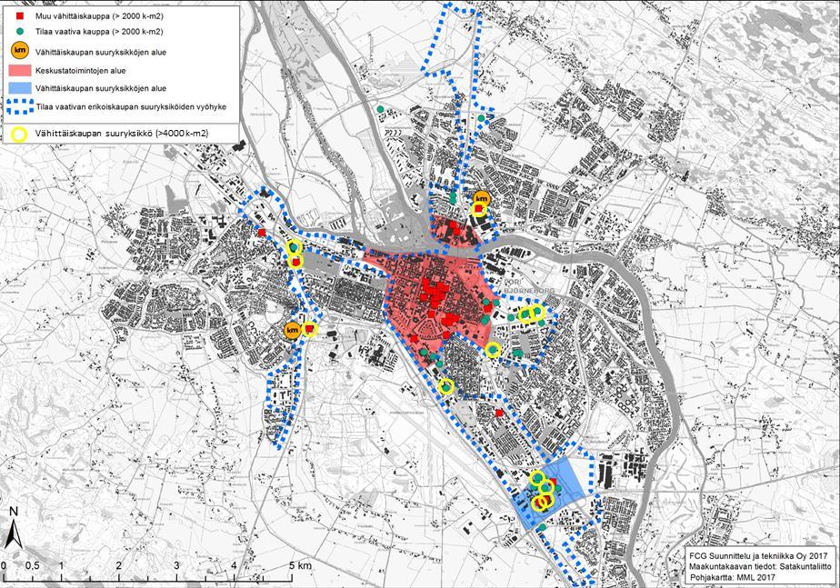 keskustatoimintojen alue, vähittäiskaupan suuryksiköiden alueet ja tilaa vaativan kaupan kehittämisvyöhykkeet sekä olemassa olevat, pinta-alaltaan