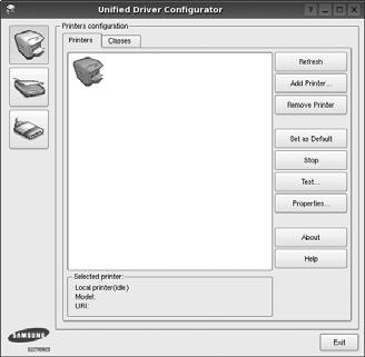 Printers Configuration (Tulostinasetukset) Printers Configuration (Tulostinasetukset) -kohdassa on kaksi välilehteä, jotka ovat Printers ja Classes.