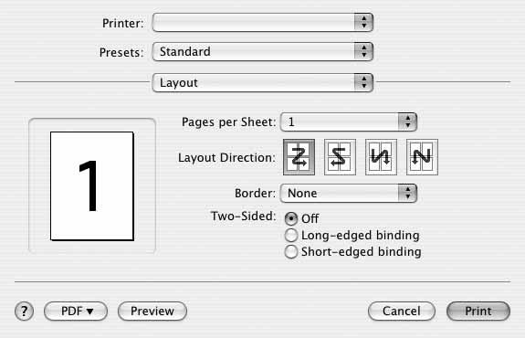 Tulostinasetusten muuttaminen Voit käyttää tulostimella tulostuksen lisäominaisuuksia. Valitse Print Macintosh-sovelluksen File-valikosta.