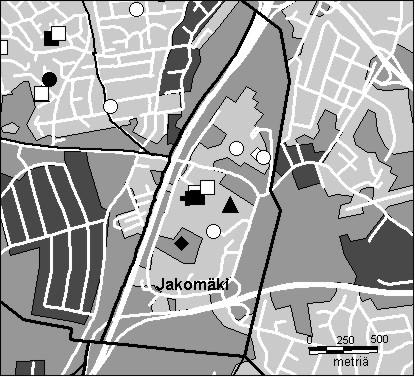 56 Jakomäen peruspiiri Copyright Helsingin kaupunki, Kaupunkimittausosasto 36 /23 Genimap Oy, Lupa L5475/3 Asukastiheys h/km2 Asuntojen keskikoko m2 Asuntokuntien keskikoko Korkeakoulututkinto 15 1