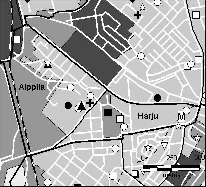 32 Alppiharjun peruspiiri Copyright Helsingin kaupunki, Kaupunkimittausosasto 36 /23 Genimap Oy, Lupa L5475/3 Asukastiheys h/km2 Asuntojen keskikoko m2 Asuntokuntien keskikoko Korkeakoulututkinto 15