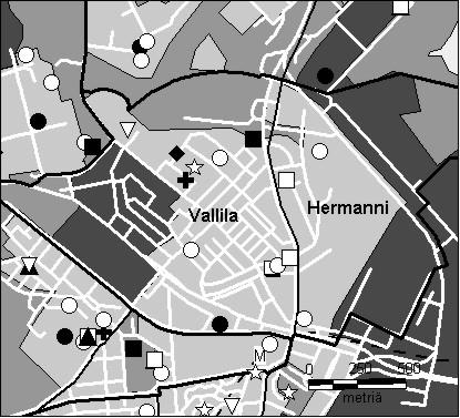 33 Vallilan peruspiiri Copyright Helsingin kaupunki, Kaupunkimittausosasto 36 /23 Genimap Oy, Lupa L5475/3 Asukastiheys h/km2 Asuntojen keskikoko m2 Asuntokuntien keskikoko Korkeakoulututkinto 15 1