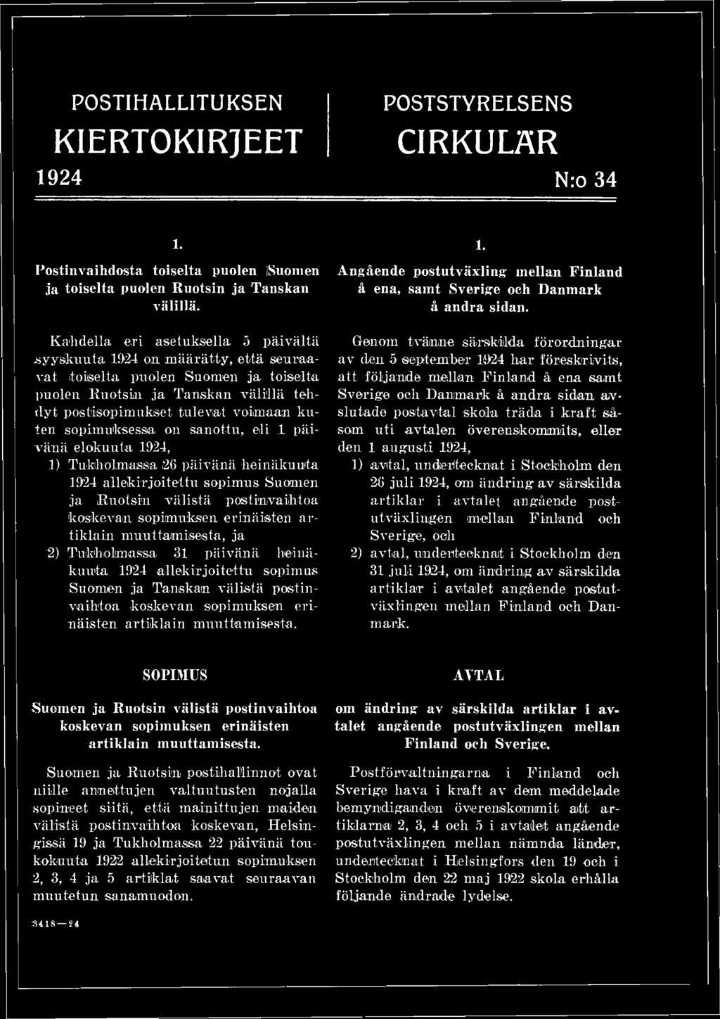 Genom tvänne särskilda förordningar av den 5 septemiber 1924 har föreskrivits, att följande mellan Finland å ena samt Sverige och Danmark å andra sidan avslutade postavtal skola träda i kraft såsom