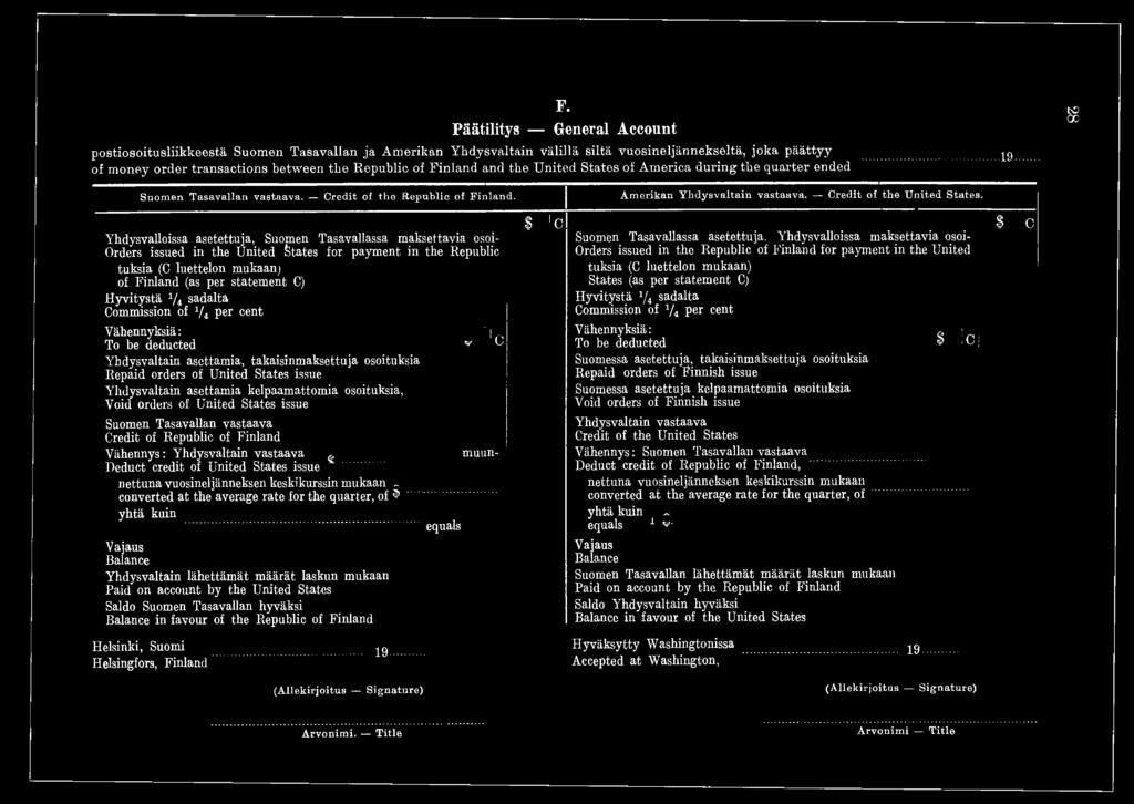 kelpaamattomia osoituksia, Void orders of United States issue Suomen Tasavallan vastaava Credit of Republic of Finland Vähennys: Yhdysvaltain vastaava c, muun- Deduct credit of United States issue *