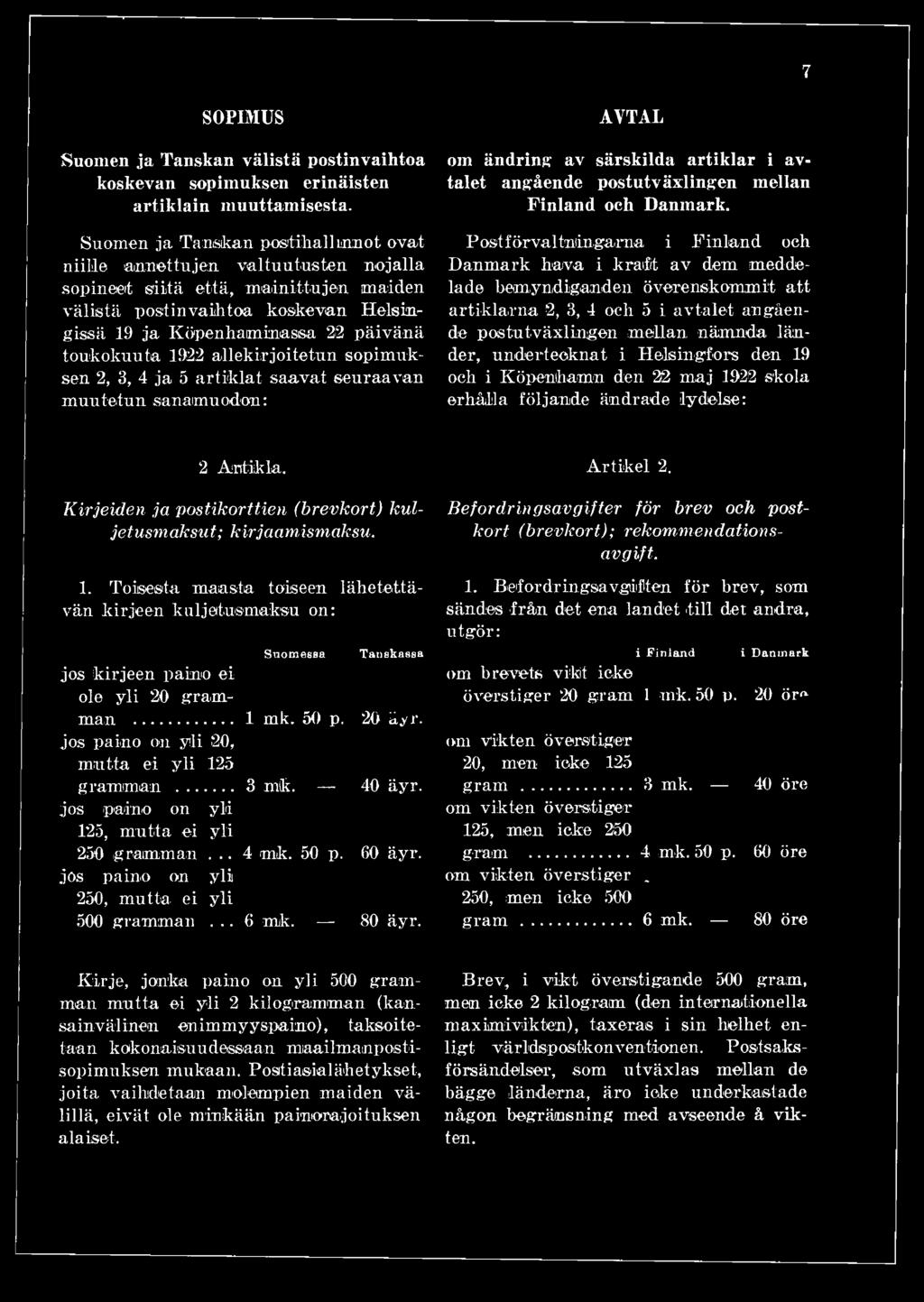 Pos t f örval tniingarna i Finland och Danmark hava i kraft av dem meddelade bemyndiganden överenskommit att artiklarna 2, 3, 4 och 5 i avtalet angående postutväxlingen mellan nämnda länder,