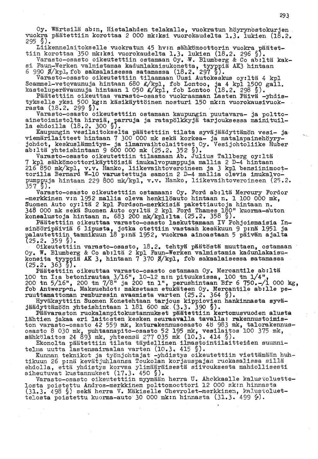 Oy. Wärtsilä ab:n, Hietalahden telakalle, vuokratun höyrynostokurjen vuokra päätettiin korottaa 2 000 mkrksi vuorokaudelta 1.3 lukien (18.2. 295 ).