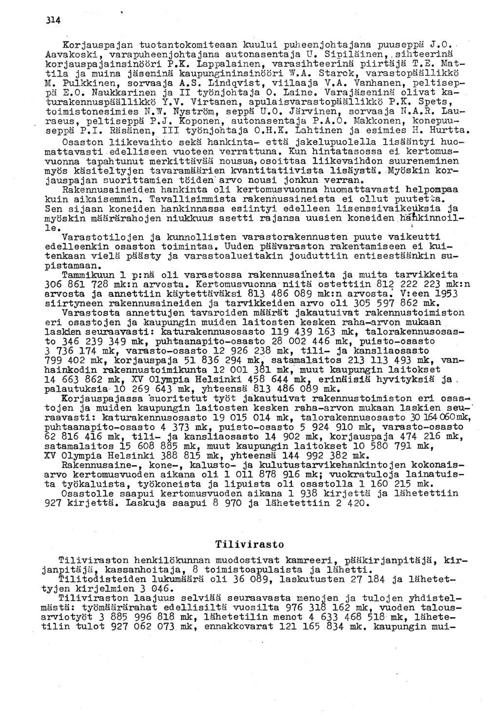 314 Korjauspajan tuotantokomiteaan kuului puheenjohtajana puuseppä J.O. Aavakoski, varapuheenjohtajana autonasentaja U. Sipiläinen,.sihteerinä korjauspajainsinööri P.K. Lappalainen, varasihteerinä piirtäjä T.