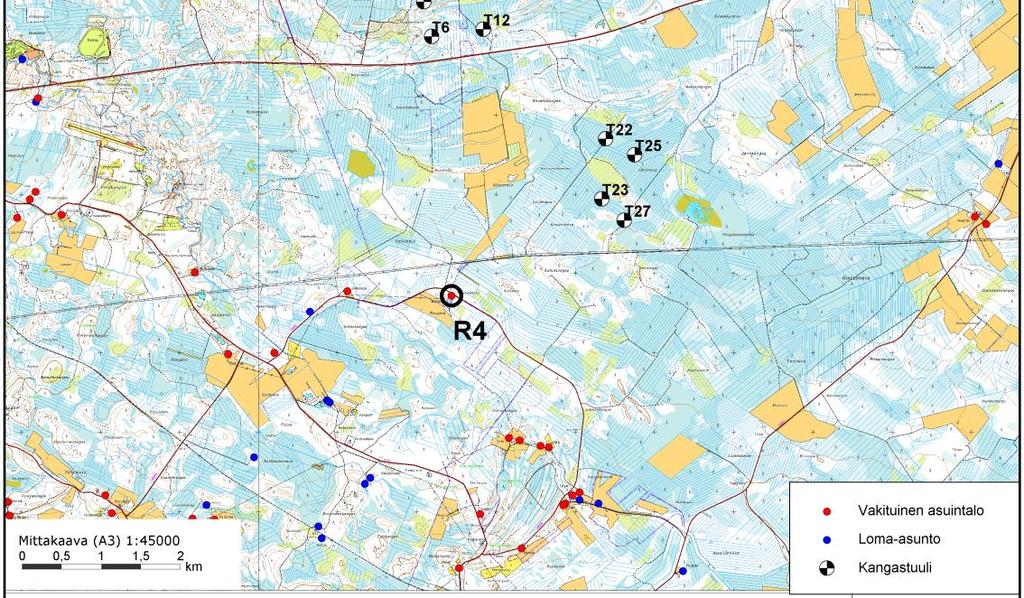 Kaikki esitetyt melutasot ovat suoraan mallinnuksen tuloksia, eikä niihin ole lisätty mitään mahdollisia häiritsevyyskorjauksia. Kuva 1. Reseptoripisteiden sijainnit 3.